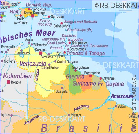 Politico mapa de America do Sul em alemao